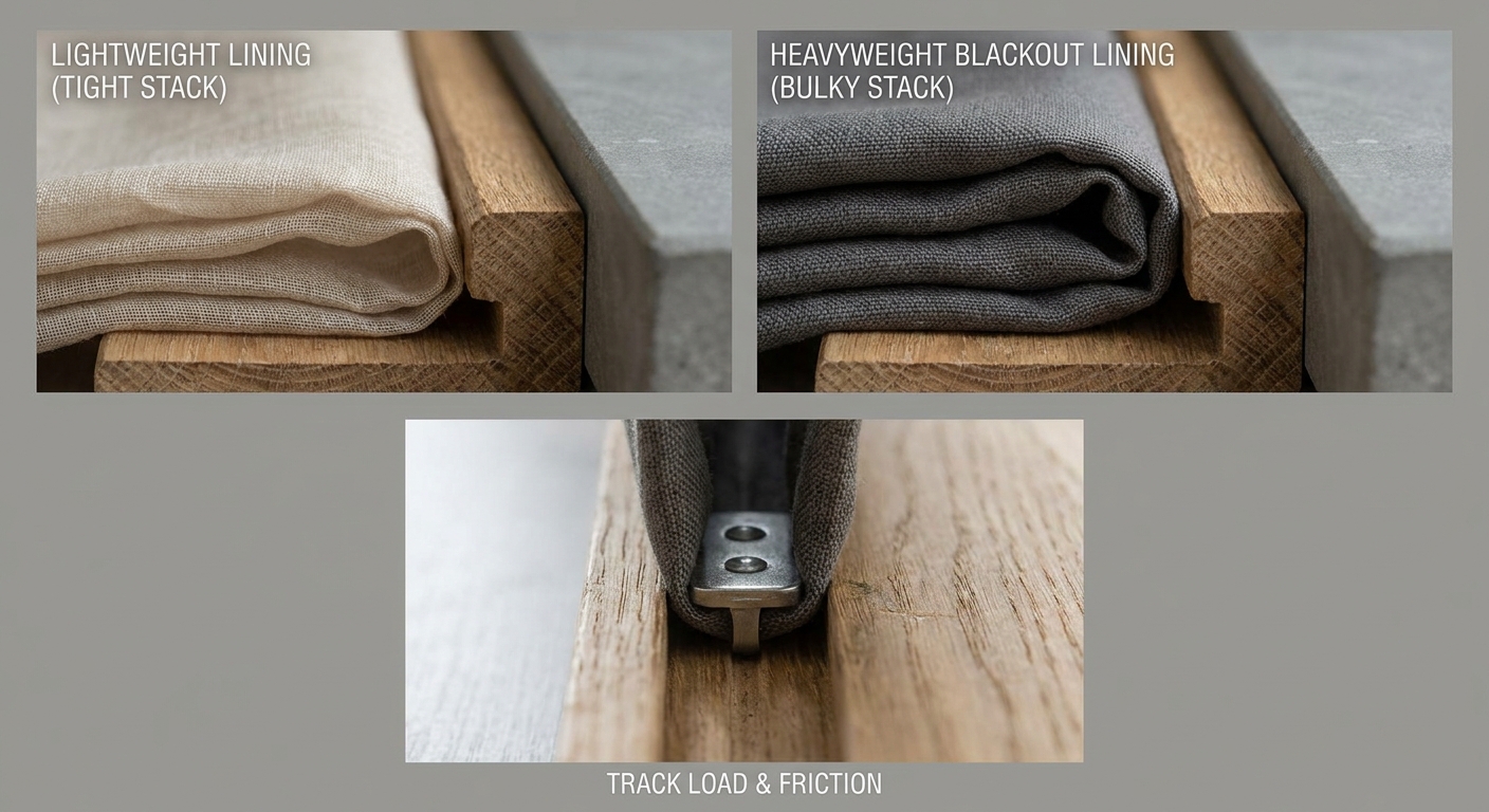 Why blackout lining weight changes drapery stack and track load